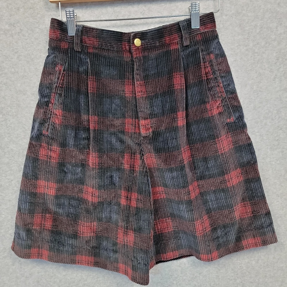 Vintage Liz Sport High Rise Pleat Wide Wale Corduroy Shorts Navy‎ Red Plaid Sz 8